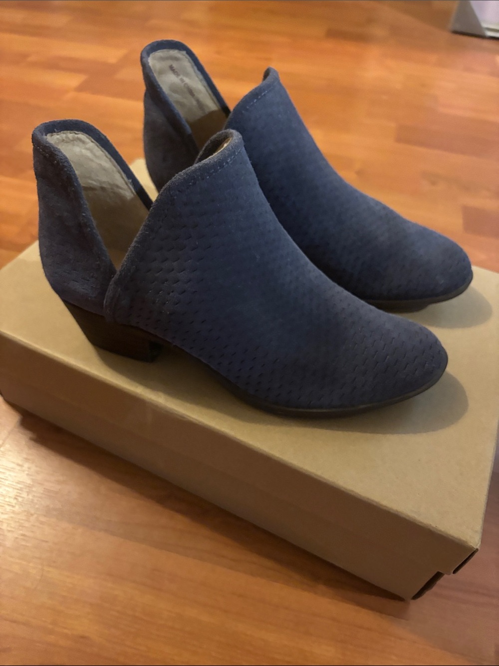 Lucky Brand Perforated Navy Suede Cutout Ankle Booties